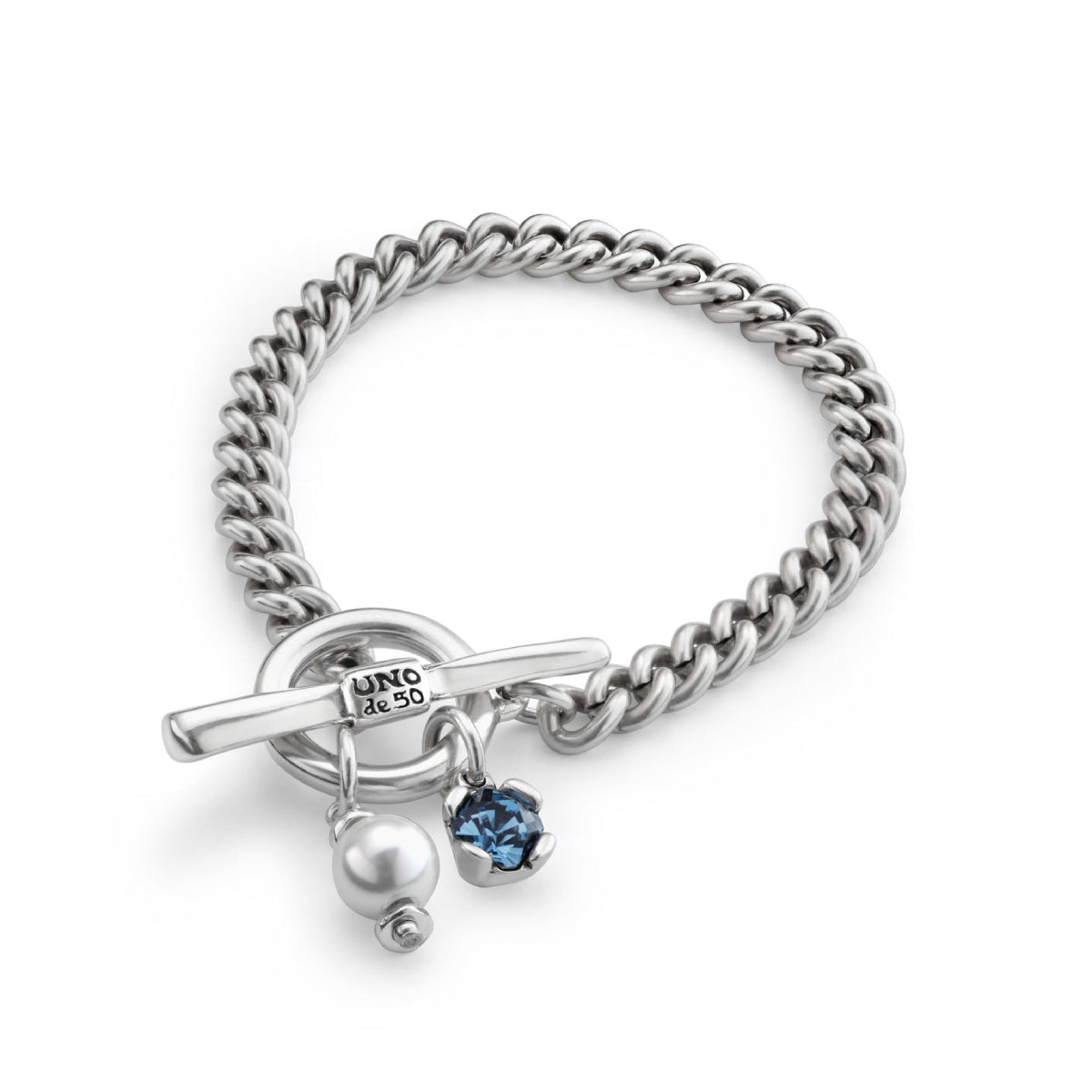 UNOde50 Charismatic Women's 6.2" Blue Silver Faceted Crystal and Pearl Cuben Link Bracelet in Sterling Silver-Plating over Metal