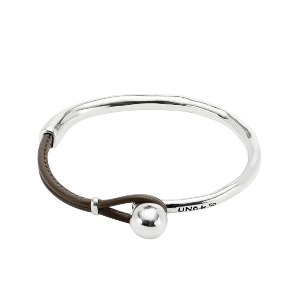 UNOde50 Ser Intrepida Unisex Bangle Bracelet with Brown Leather in Sterling Silver-Plating over Metal