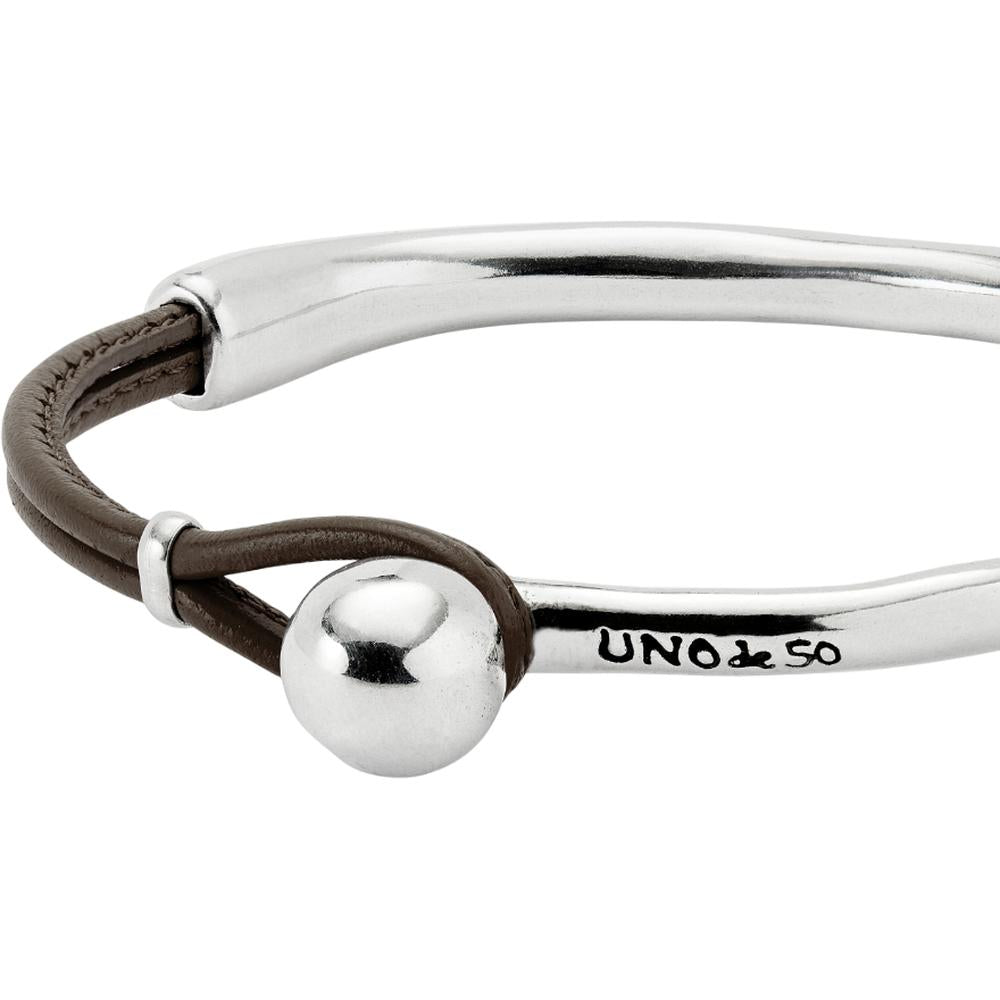 UNOde50 Ser Intrepida Unisex Bangle Bracelet with Brown Leather in Sterling Silver-Plating over Metal