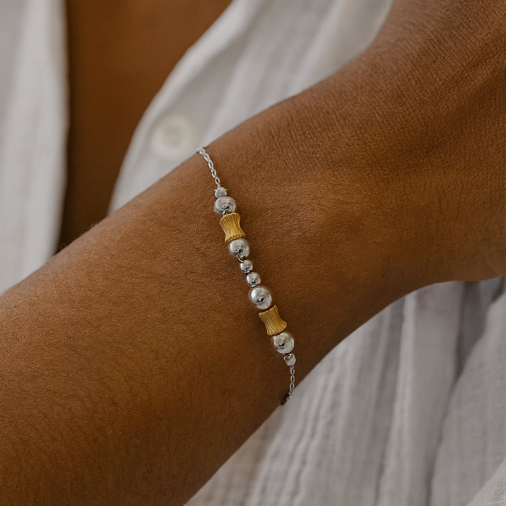 Metal Alchemist Two-Tone Etched Barrel Alchemy Beaded Bracelet In 14K Gold Plated Over 925 Sterling Silver