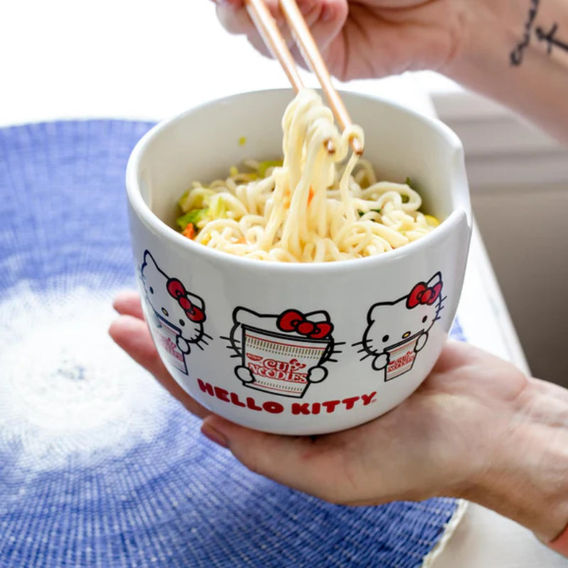 Sanrio Hello Kitty Cup Noodles 20 oz Ceramic Ramen Bowl with Chopsticks - White