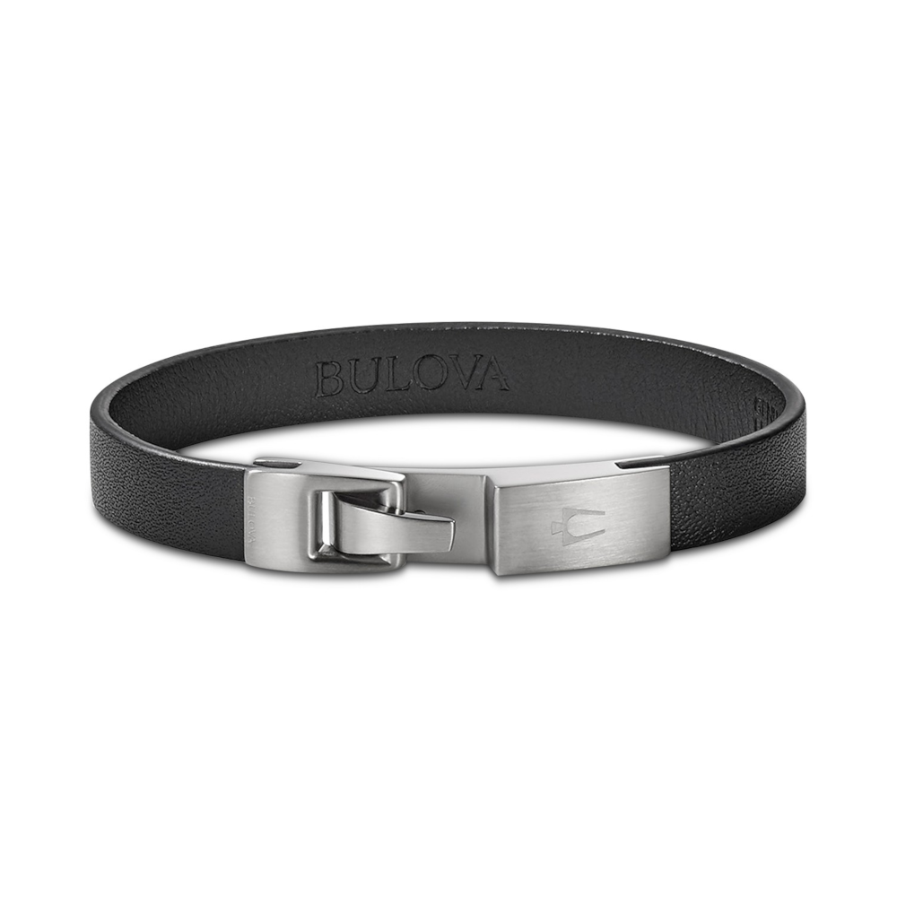Bulova Men's Classic Wrap Black Leather Bracelet in Stainless Steel - Curacao