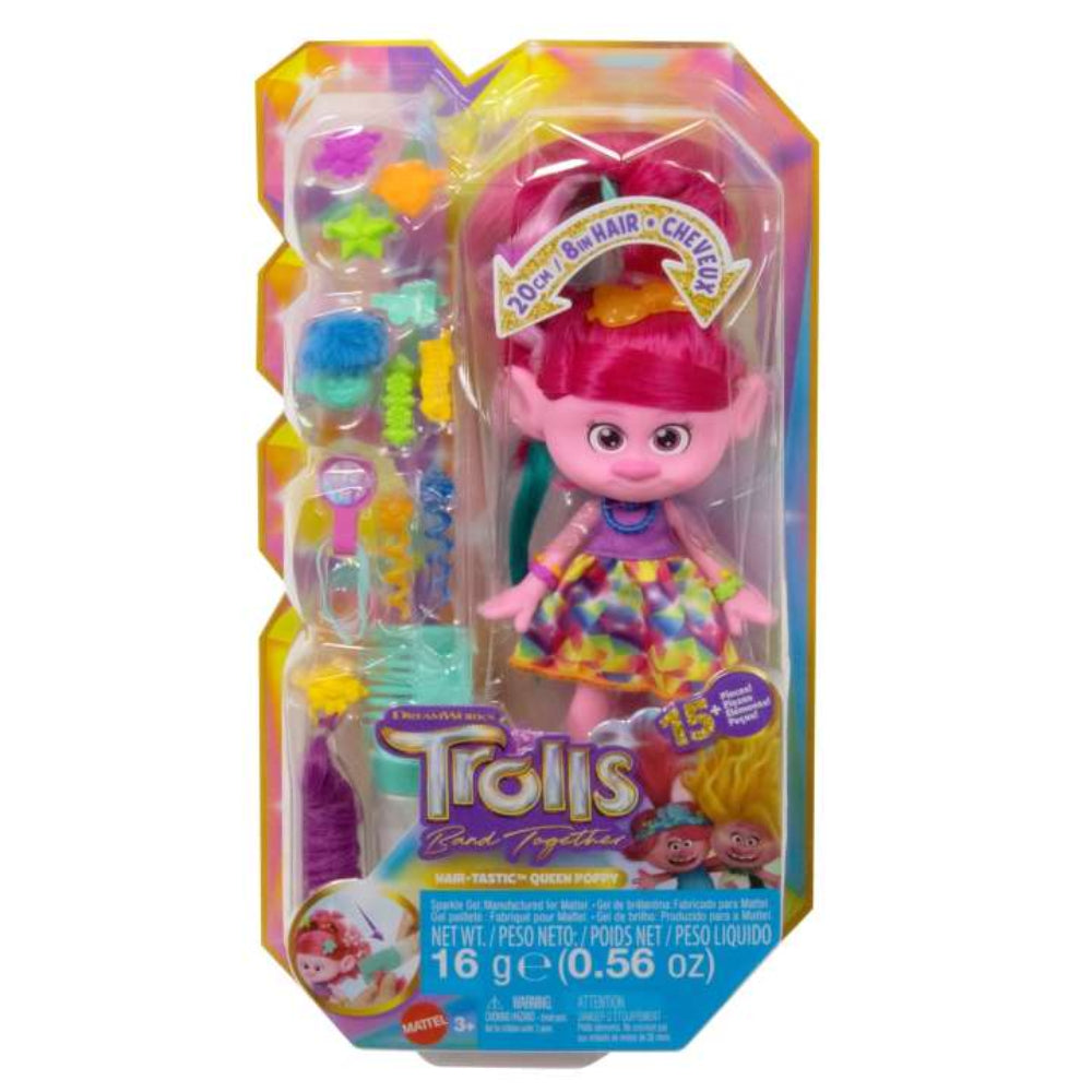 Muñeca de moda Queen Poppy con peinado fantástico y más de 15 accesorios para el cabello de Dreamworks Trolls Band Together