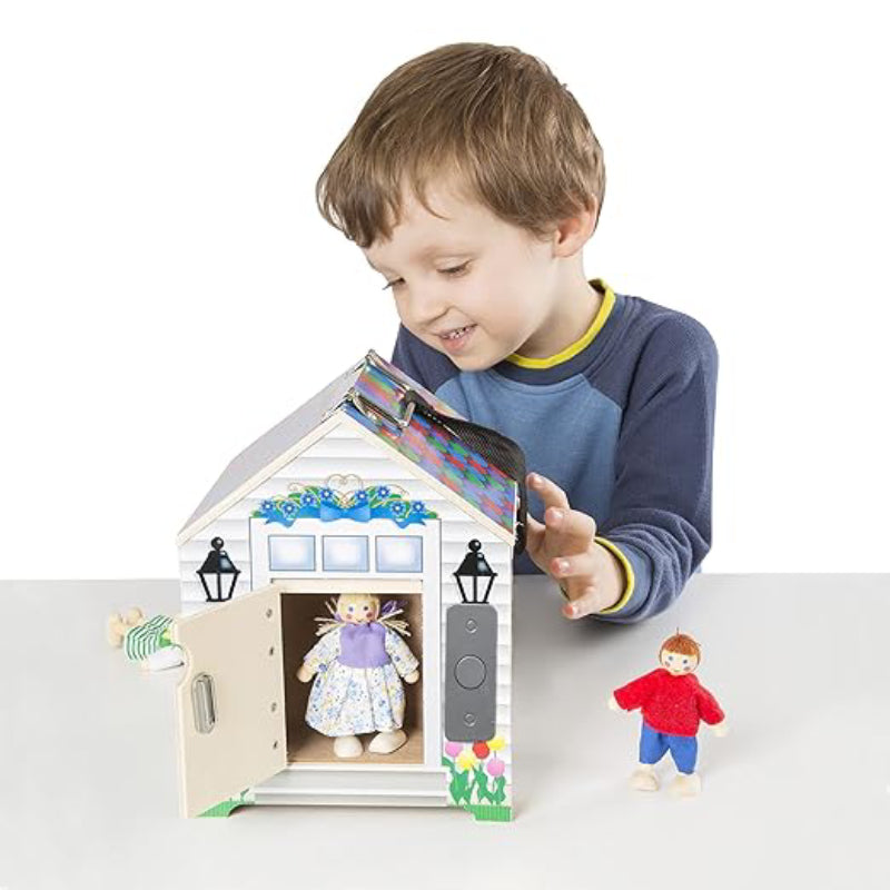 Melissa & Doug Take-Along Wooden Doorbell Dollhouse with 4 Poseable Dolls