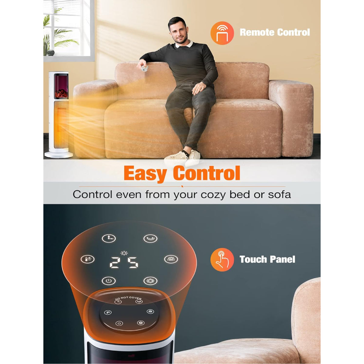 Toscana KPT-1608F 26.7" Tower Electric Space Heater with 3D Flame - White