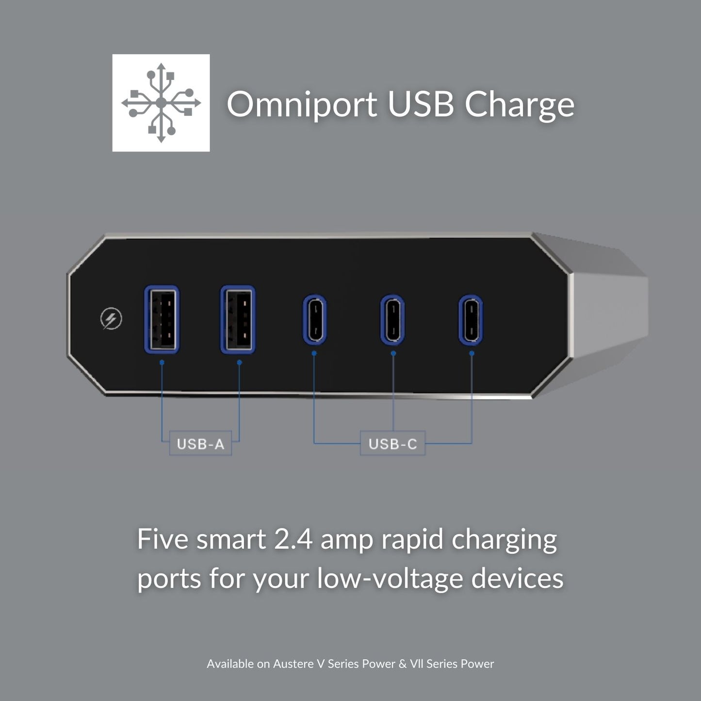 Austere 5SPS8US1 V Series 8 Outlet with Omniport USB - Silver/Black