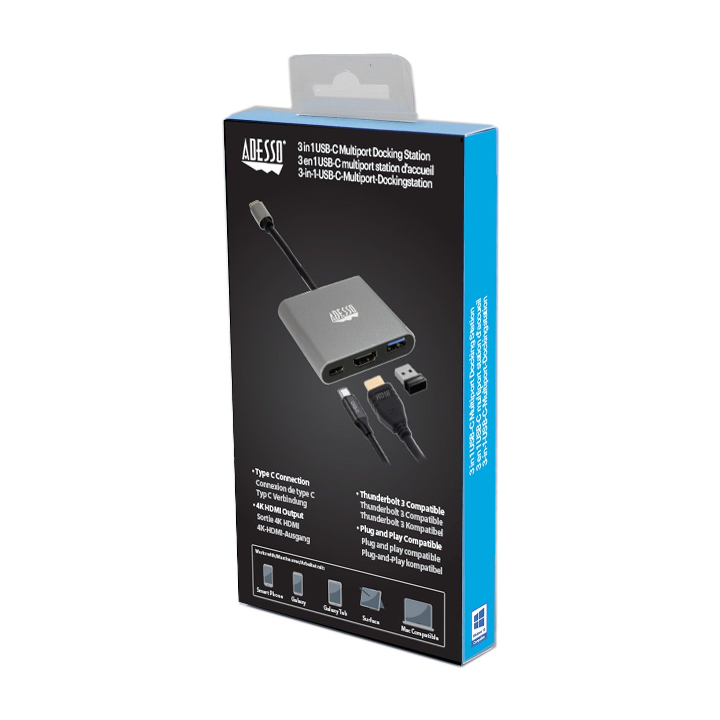 Estación de acoplamiento multipuerto USB-C 3 en 1 Adesso AUH-4010 - Plateada
