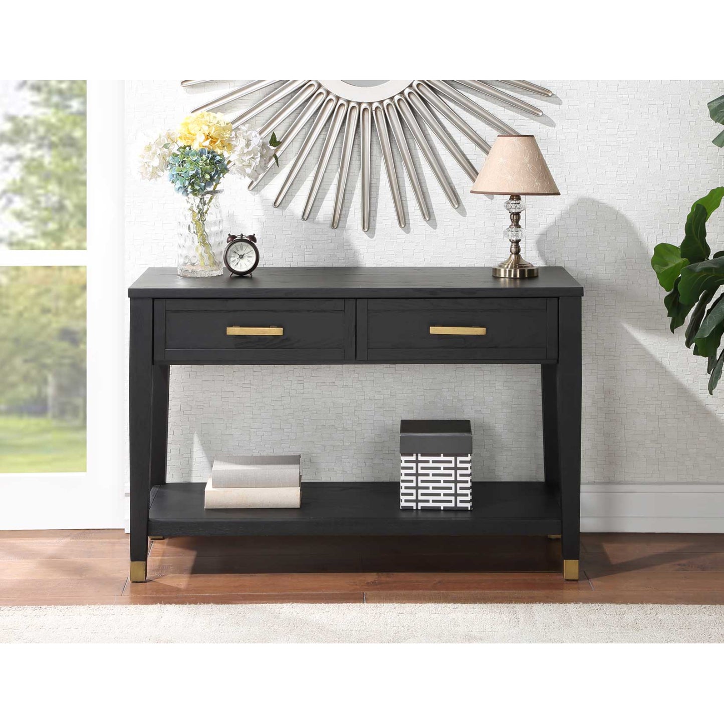 Mesa de sofá Yves de 48" con estante abierto y 2 cajones de Steve Silver Company - Color carbón