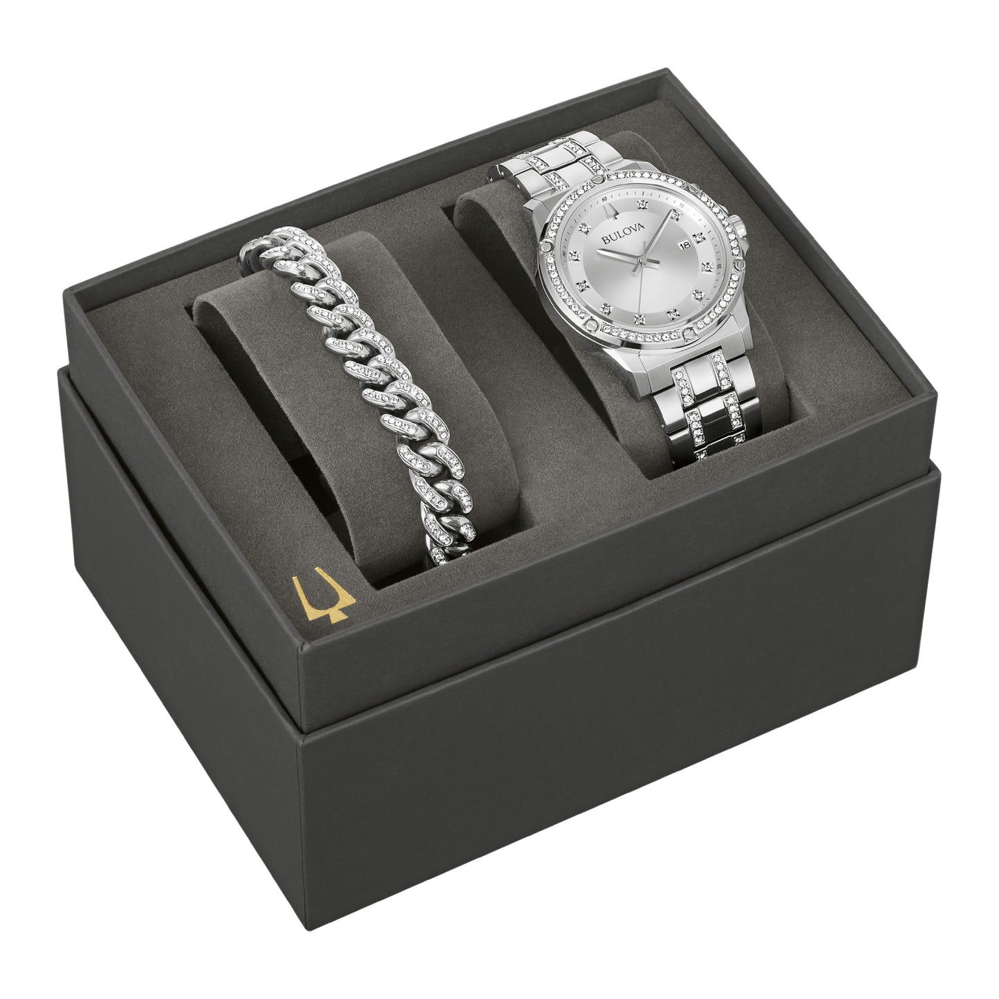 Reloj y pulsera Bulova Crystal de 42 mm para hombre (2 piezas) - Plateado