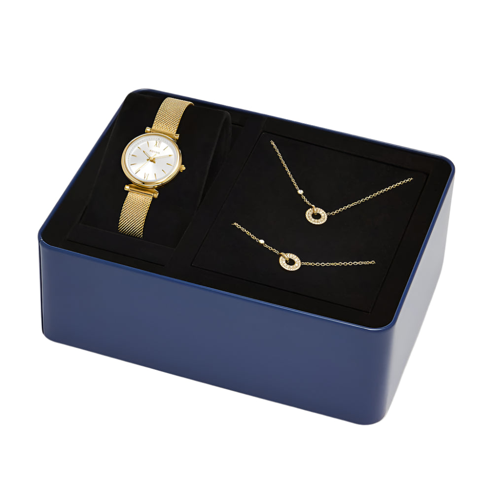 Fossil Carlie Women's 28mm Analog Gold Bracelet Watch with Jewelry Set - White Dial