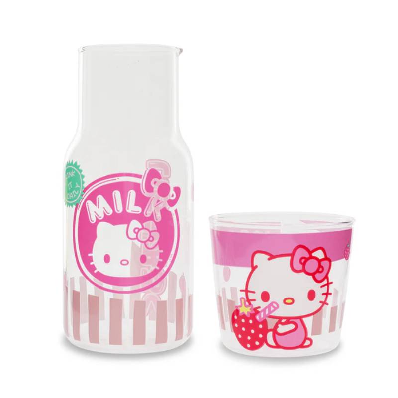 Sanrio Hello Kitty Strawberry Milk 18 oz Glass Pitcher and 8 oz Cup