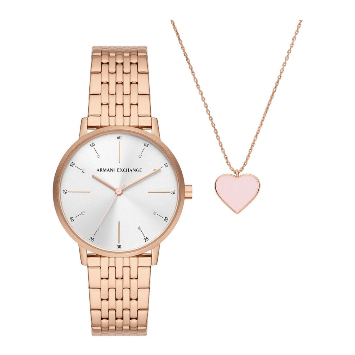Armani Exchange Women's 36mm Rose Gold-Tone Bracelet Watch with Necklace - White Dial