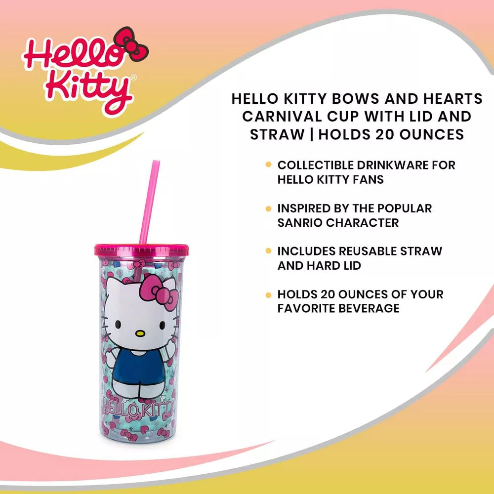 Sanrio Hello Kitty Bows and Hearts 20 oz Carnival Cup with Lid and Straw - Multicolor