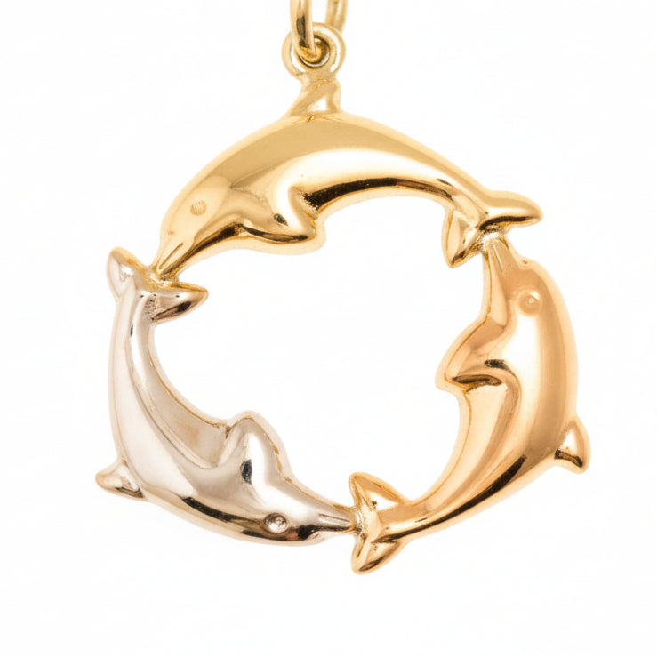 14K Tri-Color Gold Dolphins Pendant