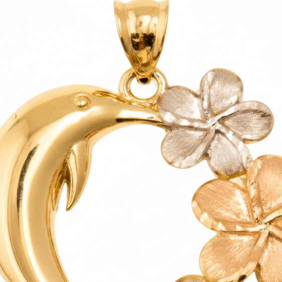 14K Tri-Color Gold Dolphin with Flower Pendant