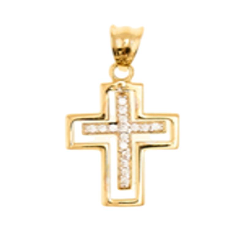 14K Yellow Gold Cubic Zirconia Double Cross Pendant