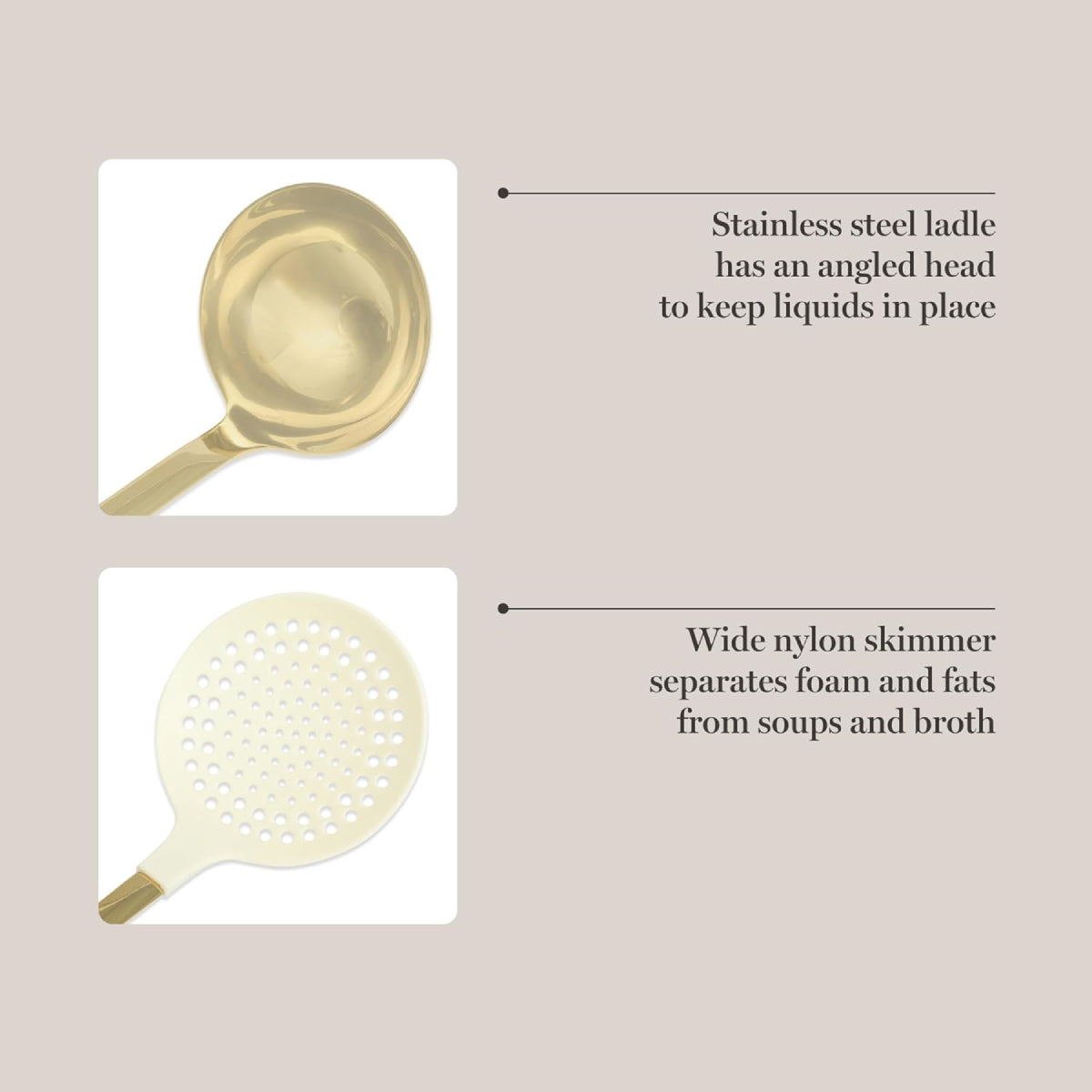 Martha Stewart 143816 Kitchen Skimmer and Ladle (2 Piece) Set - Linen/Gold