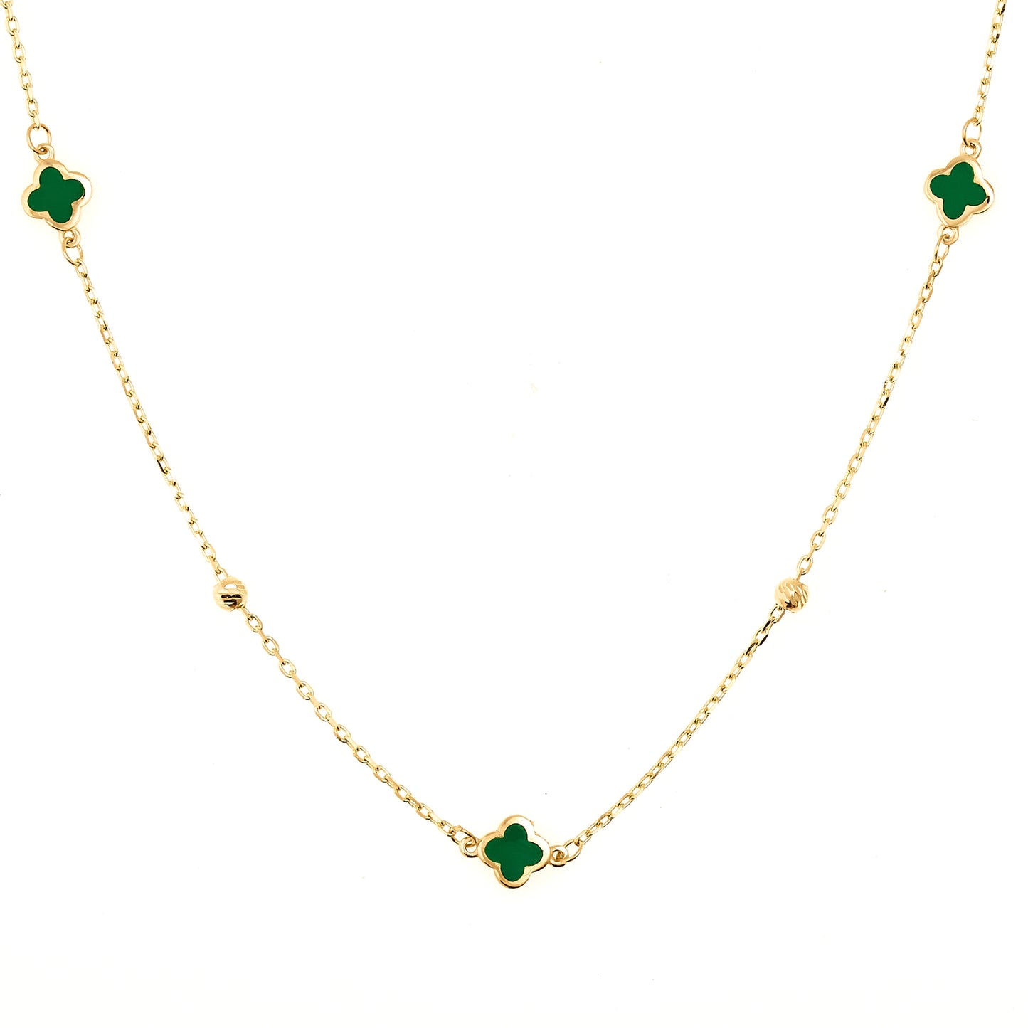 14K Yellow Gold Green Enamel Clover Necklace