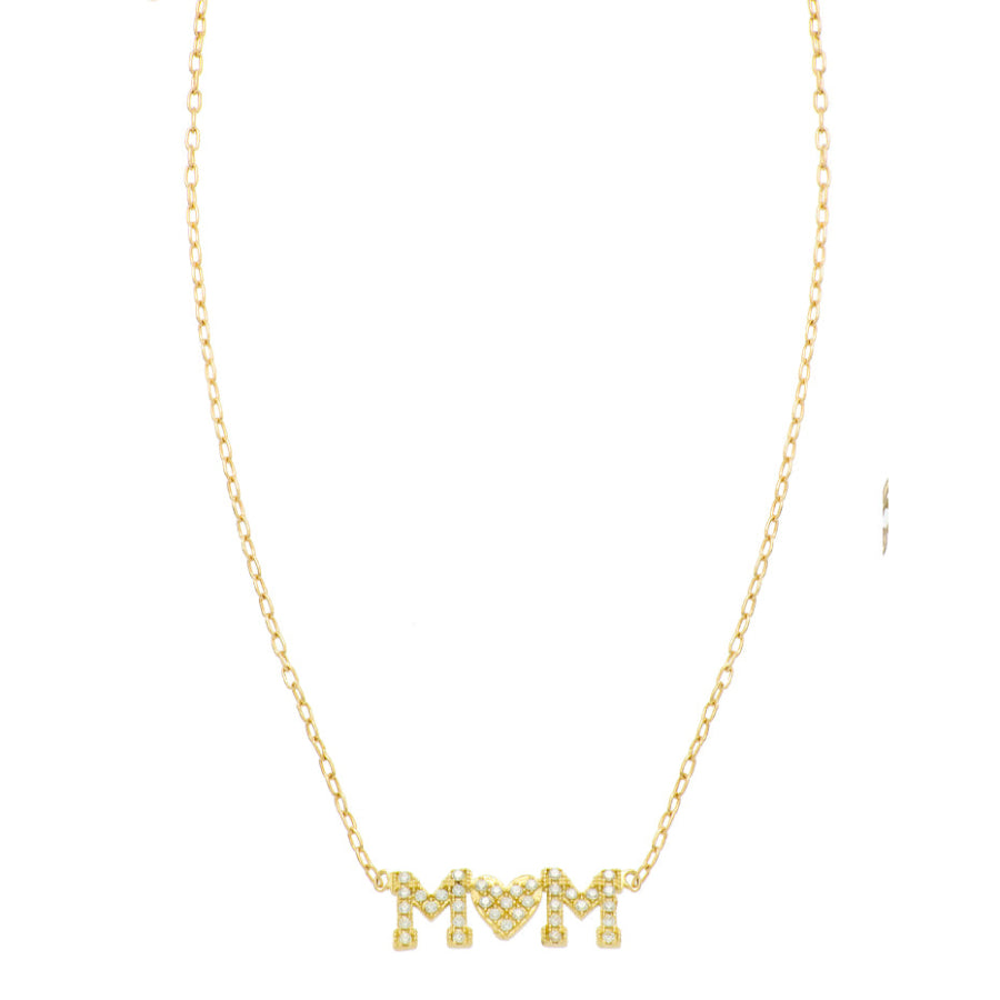14K Yellow Gold 18" Cubic Zirconia Mom Pendant with Heart Chain
