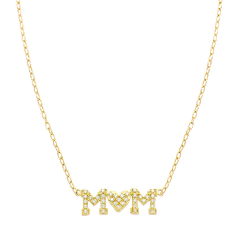 14K Yellow Gold 18" Cubic Zirconia Mom Pendant with Heart Chain