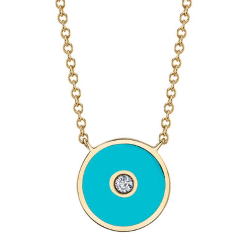 Shy Creation Enamel 0.03 ct. Diamond & Blue Enamel Circle Necklace in 14K Yellow Gold