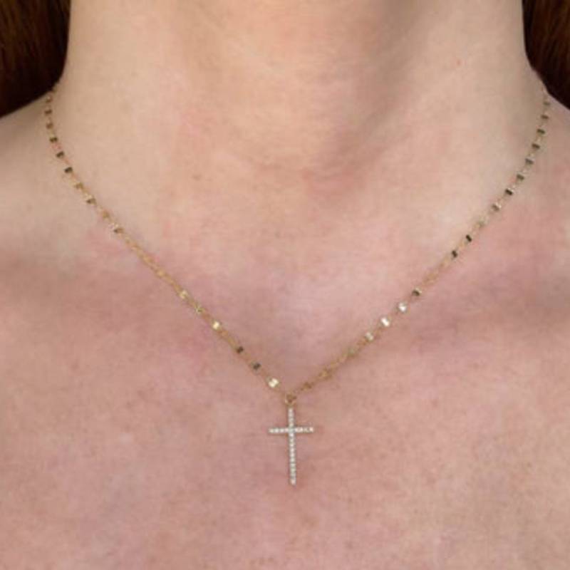 Shy Creation Kate 0.06 ct. Diamond Cross Sparkle Chain Necklace in 14K Yellow Gold
