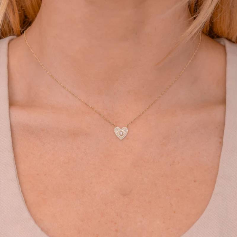 Shy Creation Kate Women's 0.18 ct. Diamond Baguette Pave Heart Necklace in 14K Yellow Gold