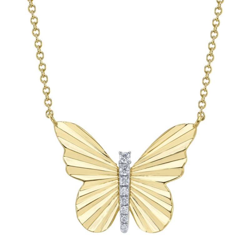 Shy Creation Kate Women's 0.06 ct. Diamond Ribbed Butterfly Necklace in 14K Yellow Gold