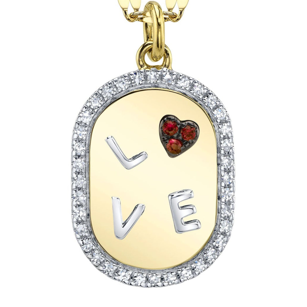Shy Creation Kate Women's 0.10 ct. Diamond & 0.02 ct. Ruby Heart "Love" Oval Sparkle Chain Necklace in 14K Two Tone Yellow Gold