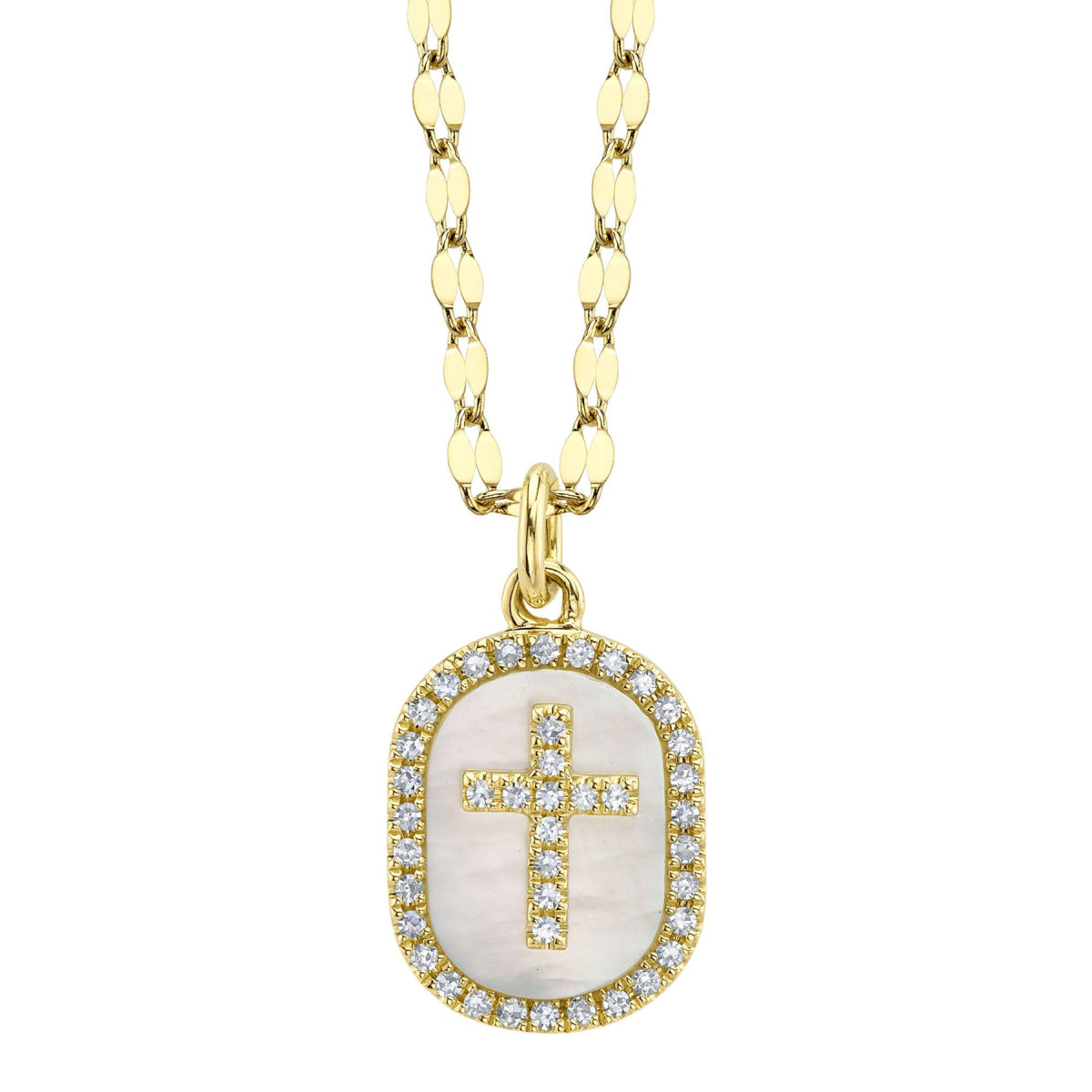 Shy Creation Kate Women's 18" 0.11 ct. Diamond & 0.95 ct. Mother of Pearl Oval Cross Sparkle Chain Necklace in 14K Yellow Gold