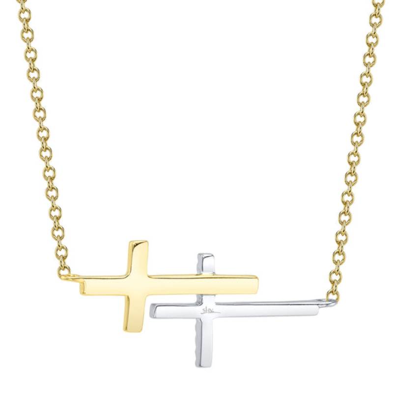 Shy Creation Kate Women's 0.06 ct. Diamond Sideway Cross Necklace in 14K Two Tone Yellow Gold