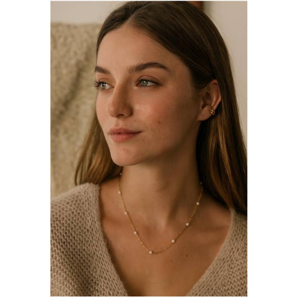 Shy Creation Jackie Women's Cultured Pearl Sparkle Chain Necklace in 14K Yellow Gold