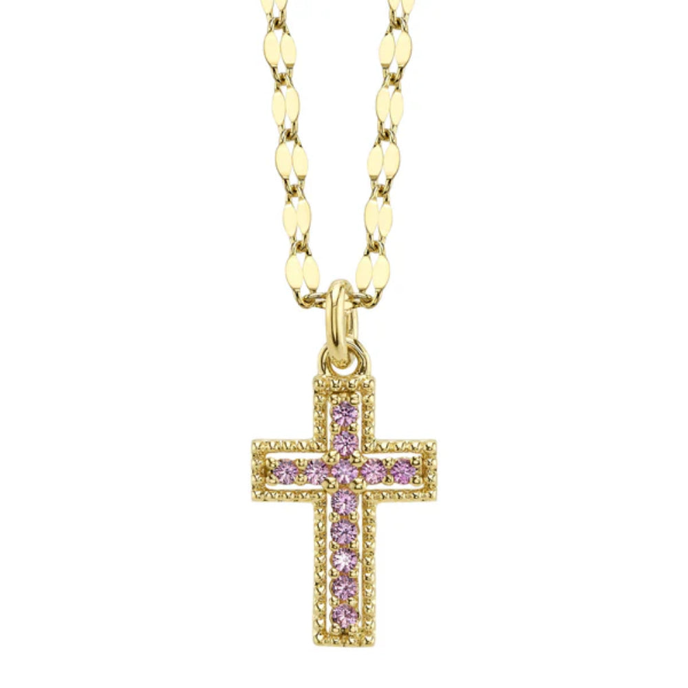 Shy Creation Kate 0.11 ct. Pink Sapphire Cross Sparkle Chain Necklace in 14K Yellow Gold