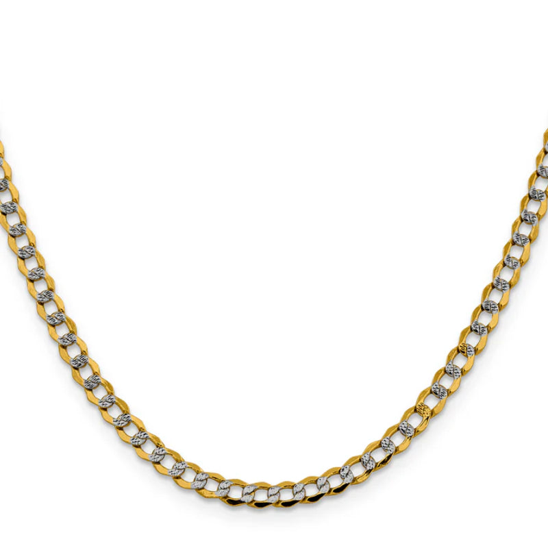 14K Yellow Gold 24" Semi-Solid Rhodium Pave Curb Chain