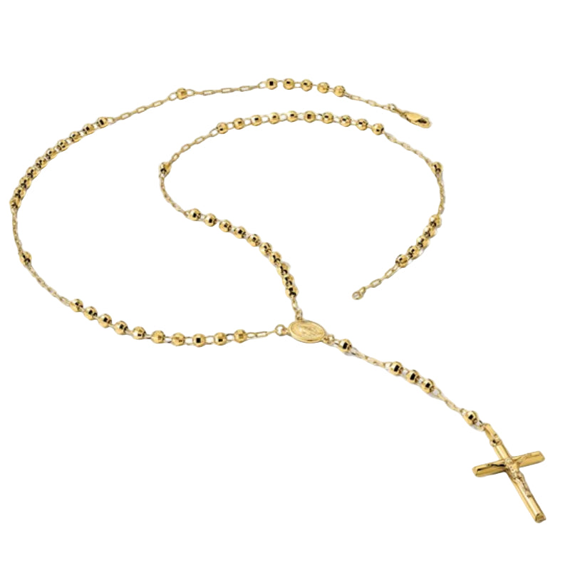 14K Yellow Gold Unisex 24" Crucifix and Miraculous Medal and Mirror Beaded Rosary Necklace