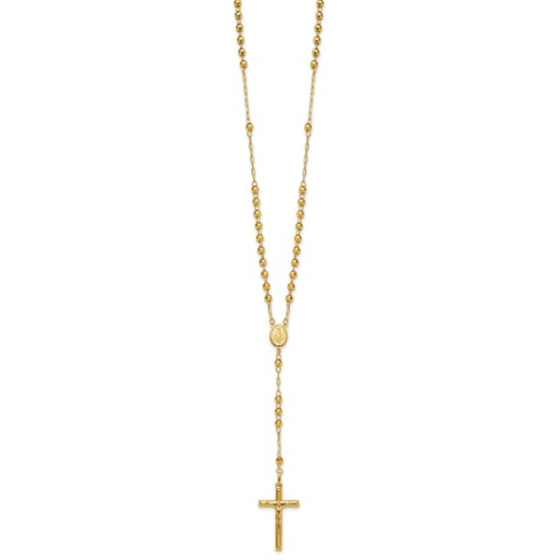 14K Yellow Gold Unisex 24" Crucifix and Miraculous Medal and Mirror Beaded Rosary Necklace