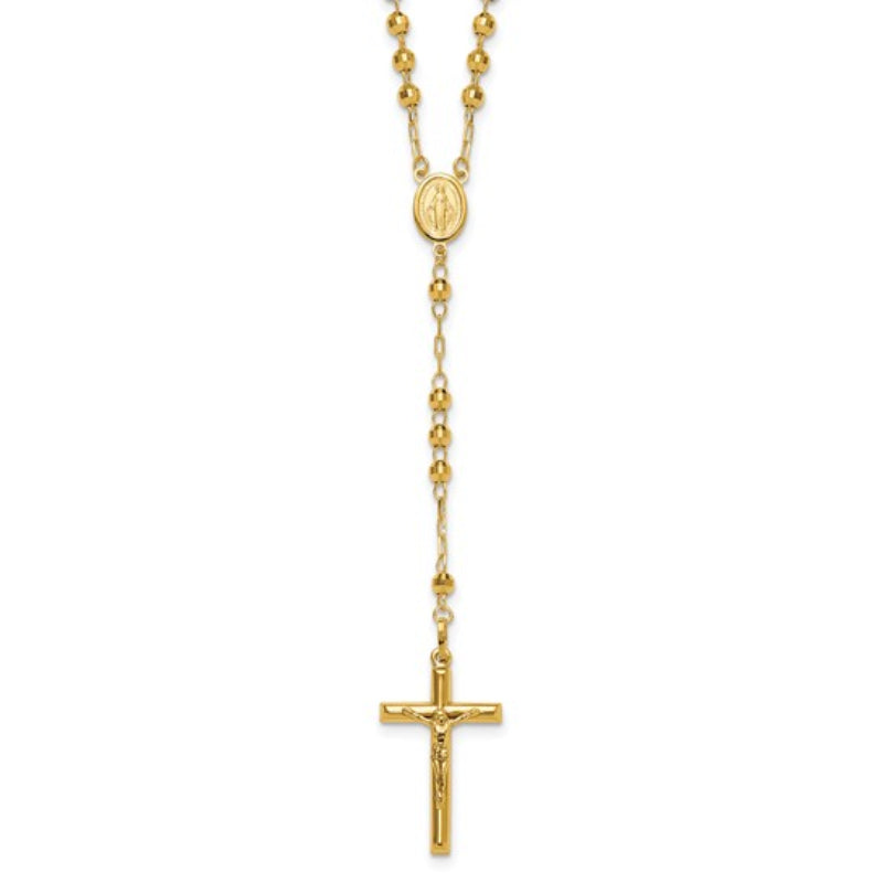 14K Yellow Gold Unisex 24" Crucifix and Miraculous Medal and Mirror Beaded Rosary Necklace