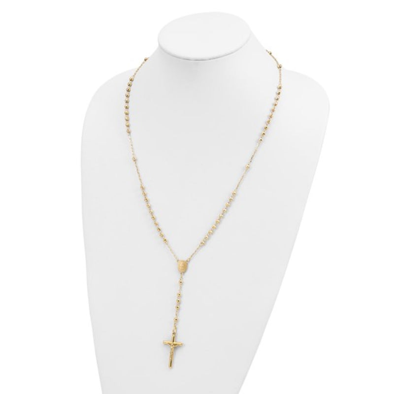 14K Yellow Gold Unisex 24" Crucifix and Miraculous Medal and Mirror Beaded Rosary Necklace