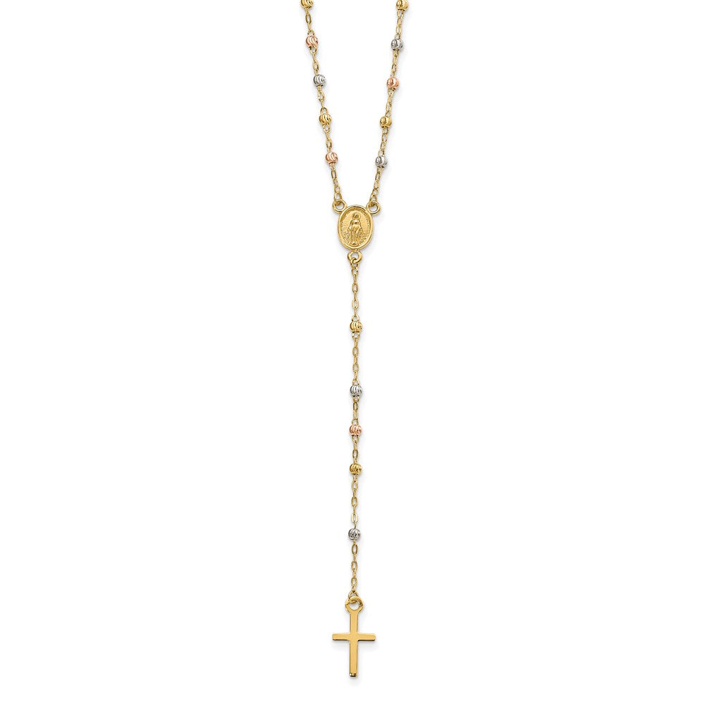 14K Tri-Color Gold Unisex 17" Cross and Miraculous Medal Laser-Cut Beaded Rosary Necklace with Extender