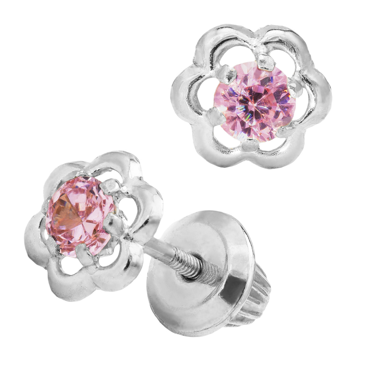 Marathon Pink Open Flower Earrings in 14K White Gold