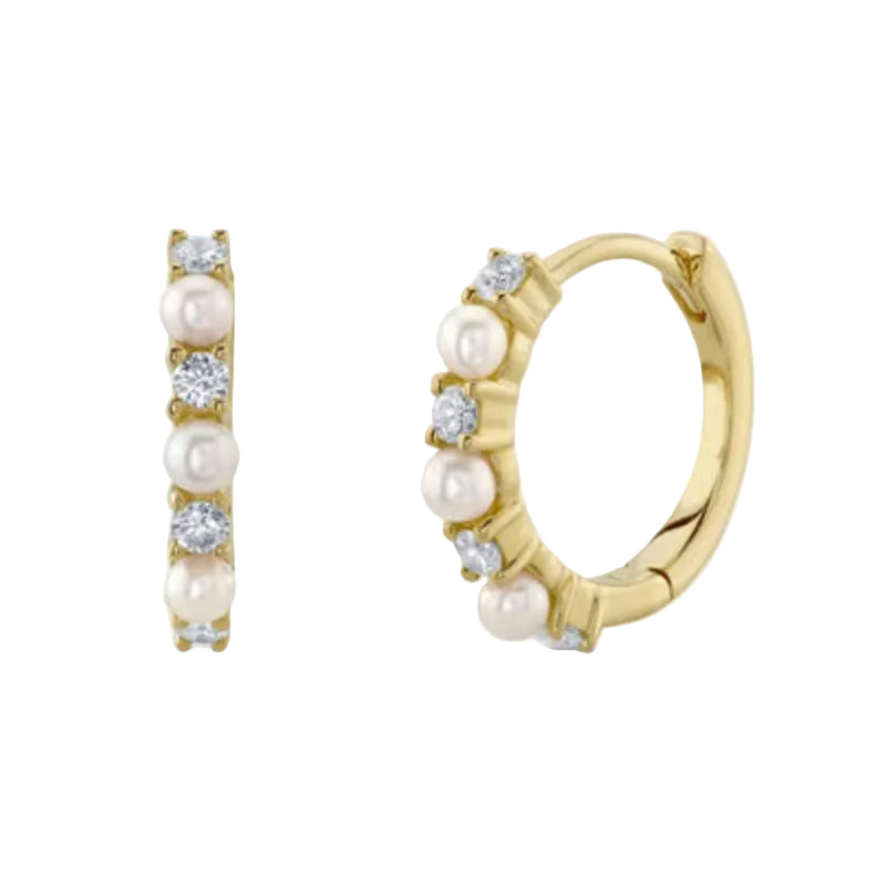 Shy Creation Jackie 0.14 ct. Diamond & Cultured Pearl Huggie Earrings in 14K Yellow Gold