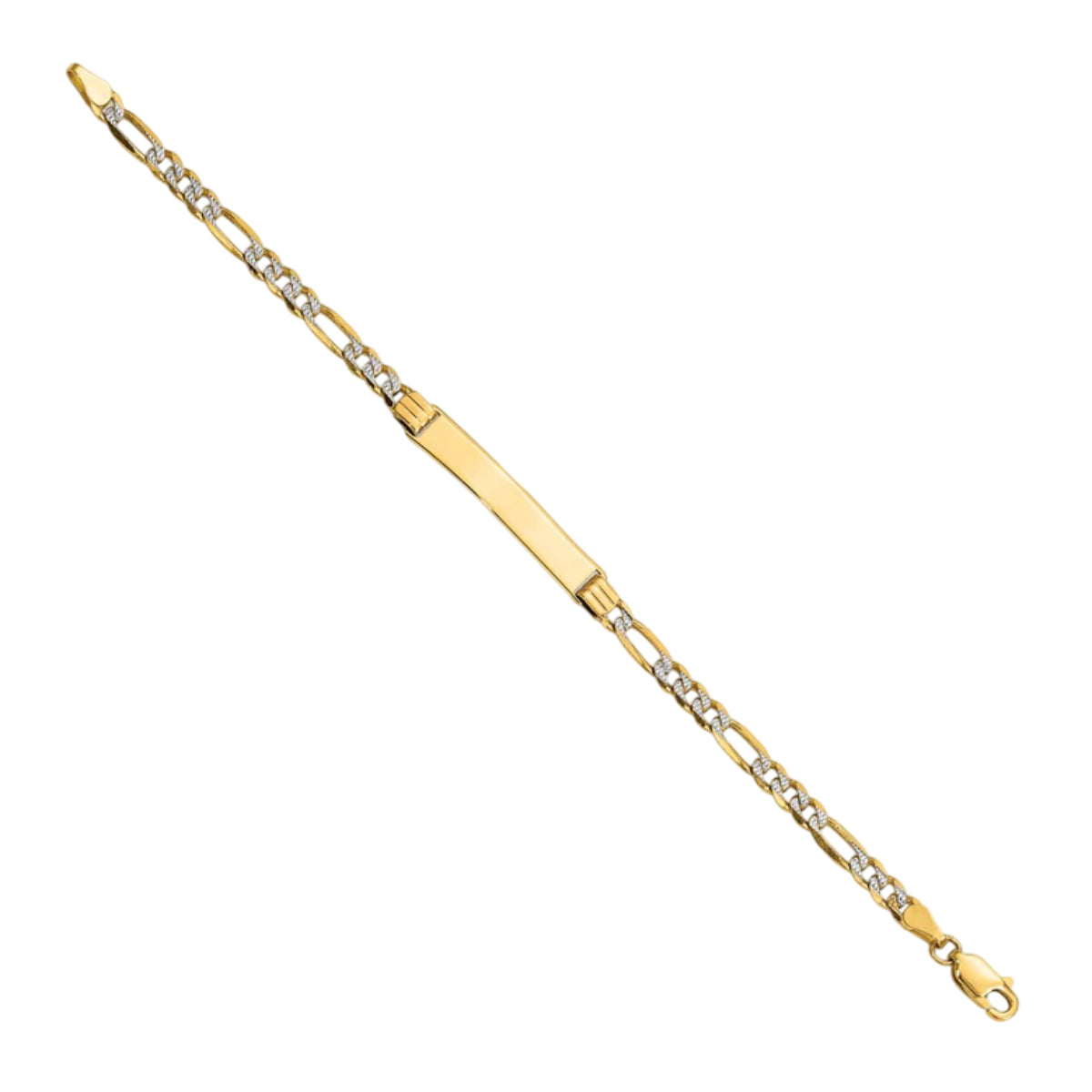 14K Yellow Gold Solid Pave Figaro Link Chain Bracelet with Rhodium-Plating