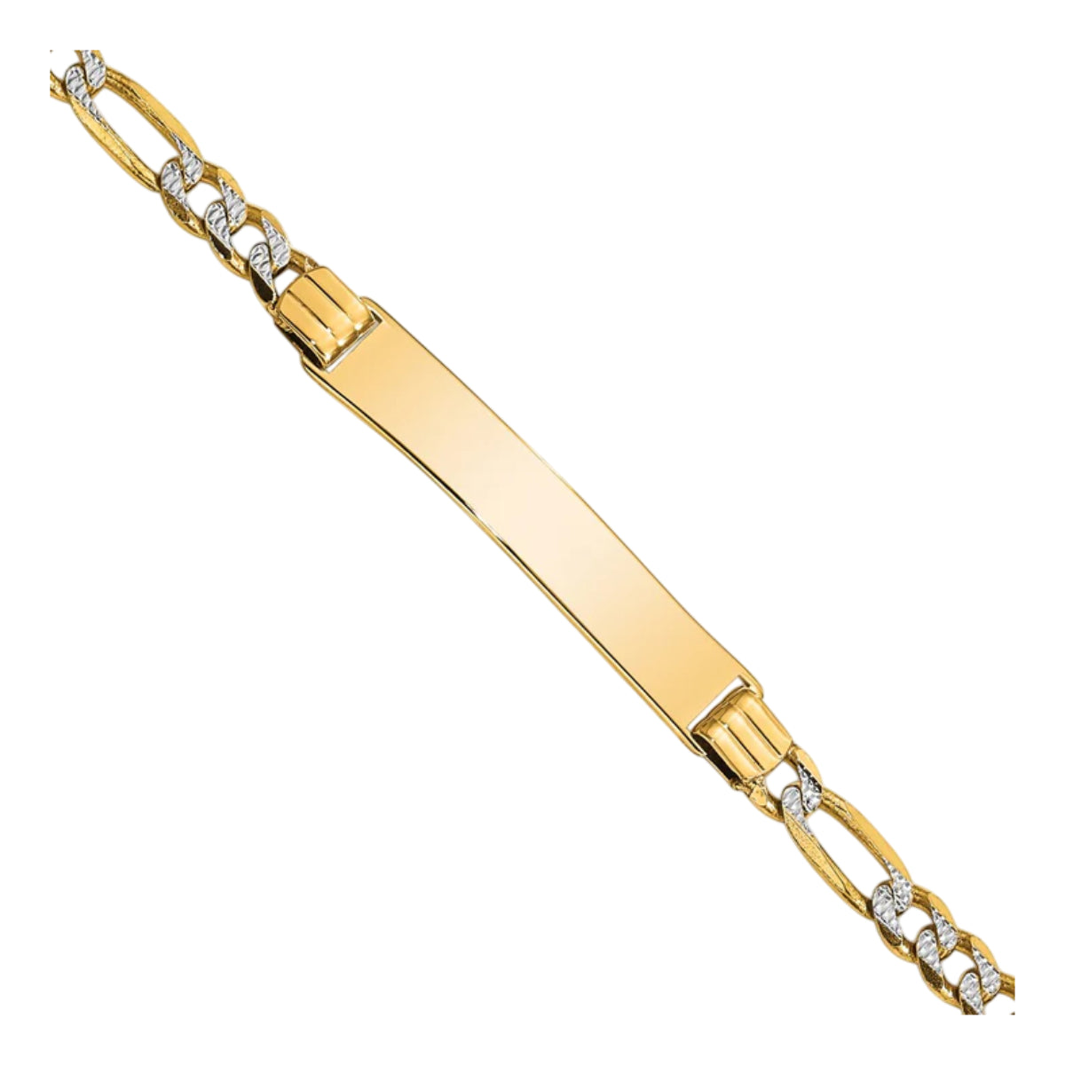 14K Yellow Gold Solid Pave Figaro Link Chain Bracelet with Rhodium-Plating