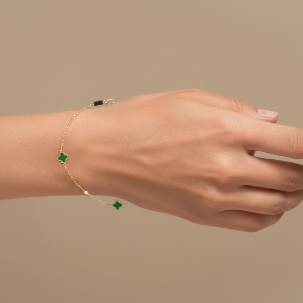 14K Yellow Gold Green Enamel Clover Bracelet