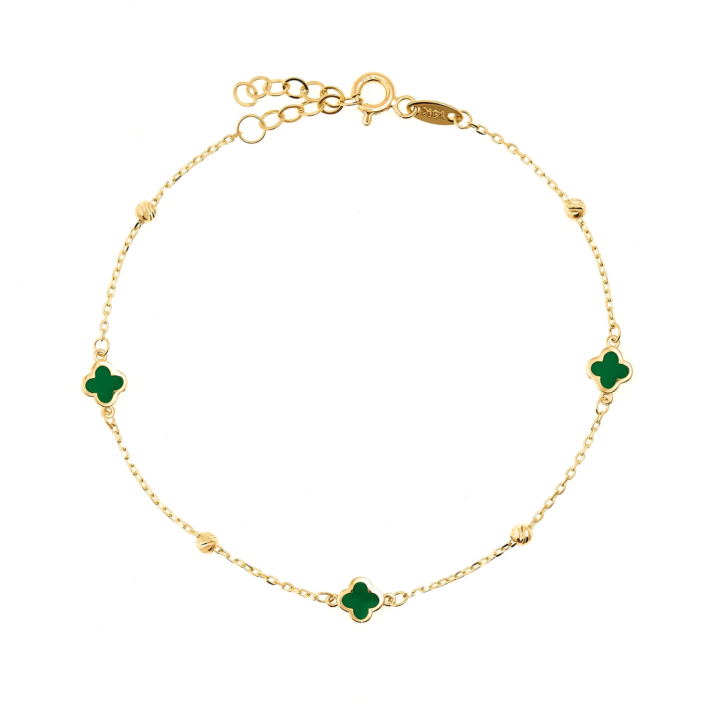 14K Yellow Gold Green Enamel Clover Bracelet