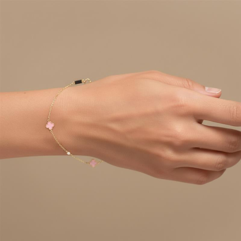 14K Yellow Gold 7.5" Clover Pearl Bracelet