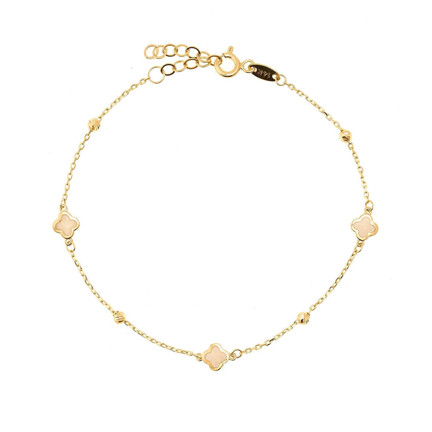 14K Yellow Gold 7.5" Clover Pearl Bracelet