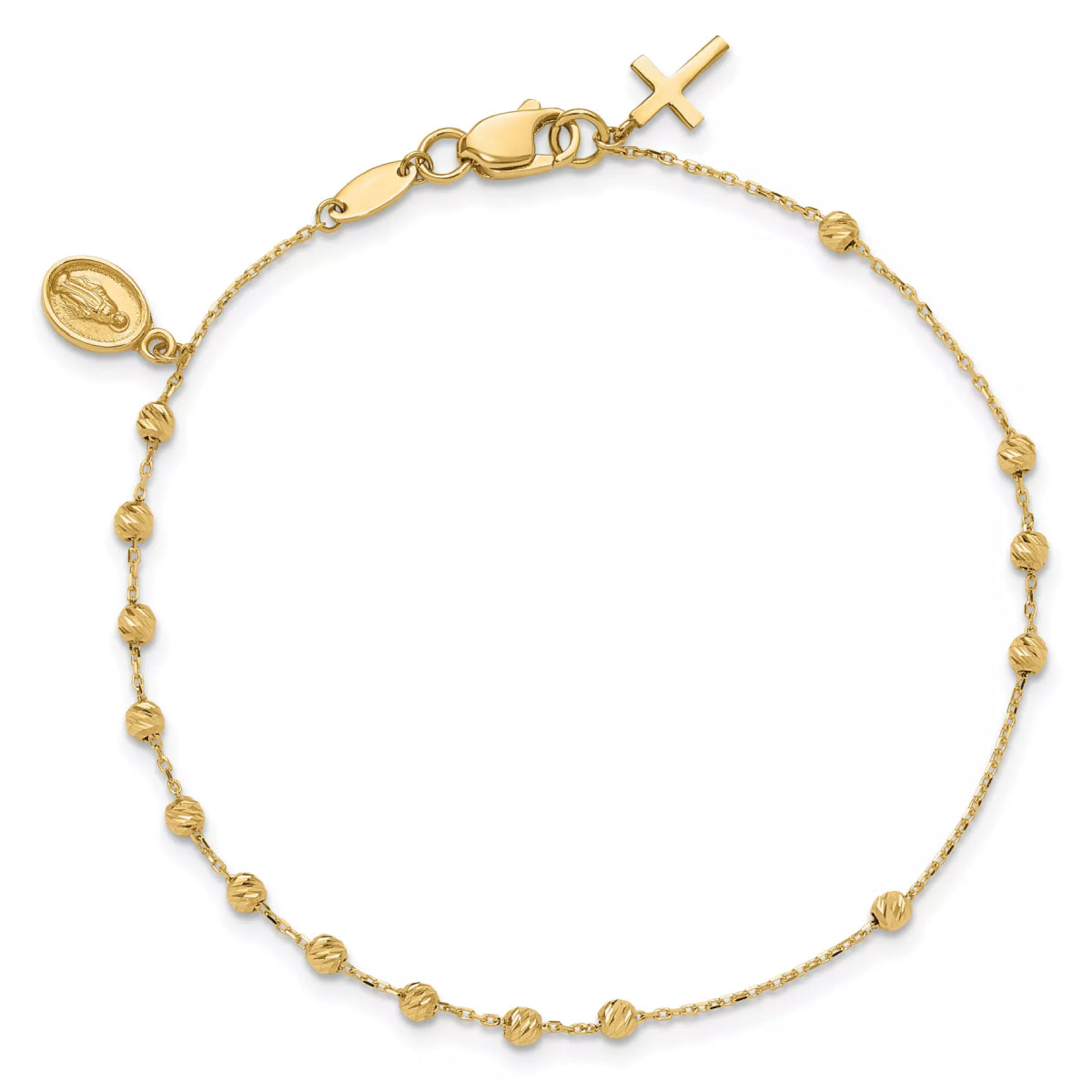 14K Yellow Gold Women's 7.5" Miraculous Medal and Cross Rosary Bracelet