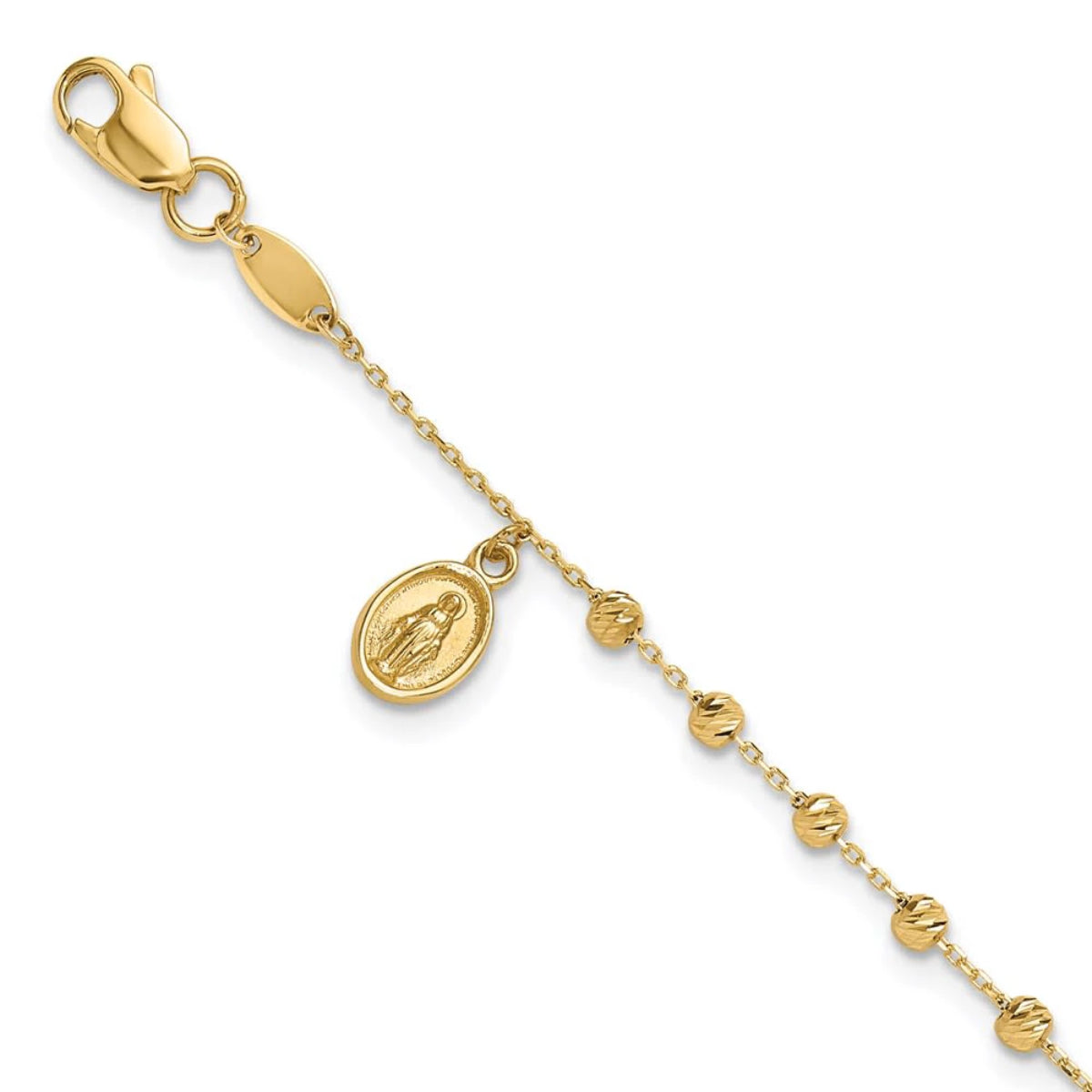 14K Yellow Gold Women's 7.5" Miraculous Medal and Cross Rosary Bracelet