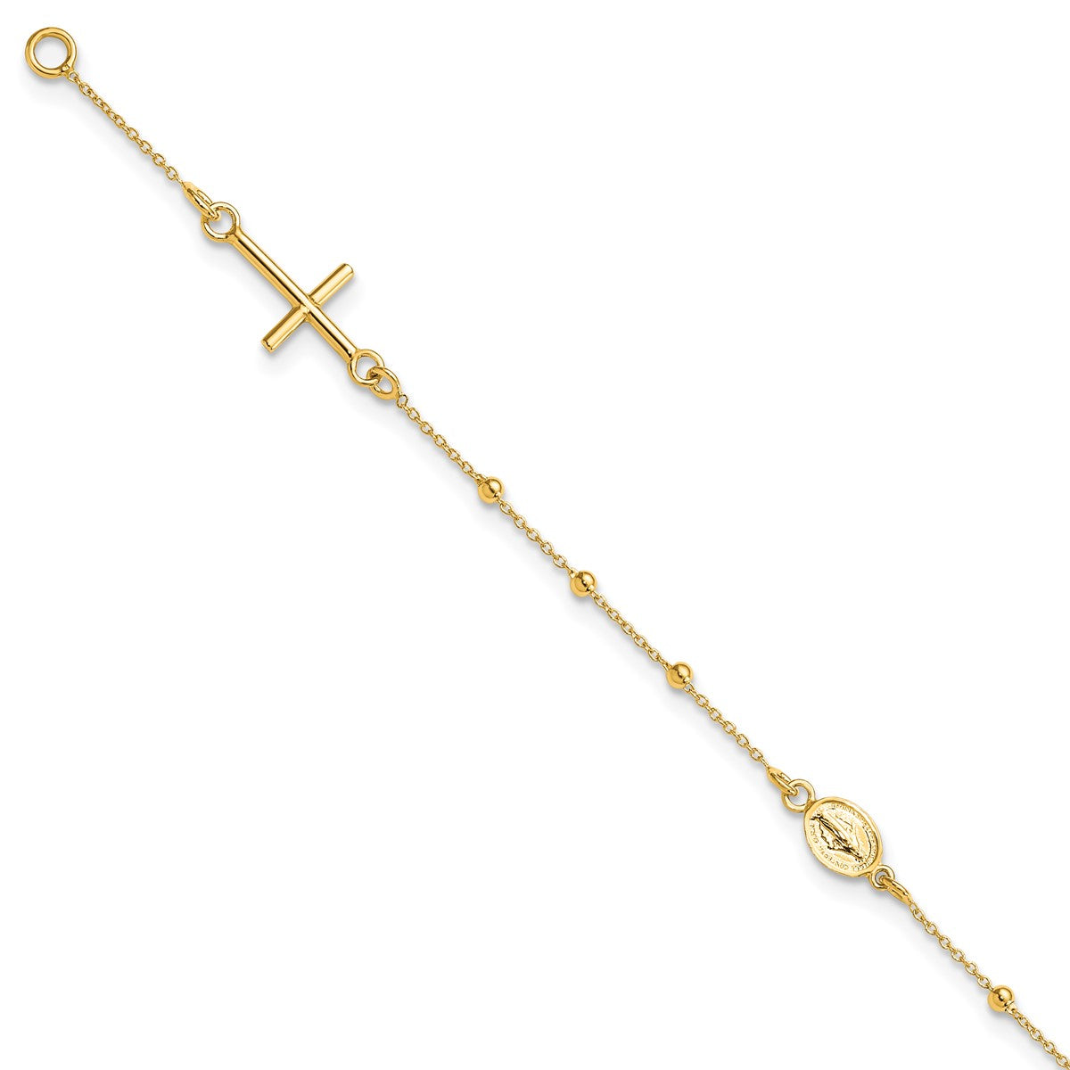 14K Yellow Gold Women's 6.5" Miraculous Medal and Cross Rosary Bracelet